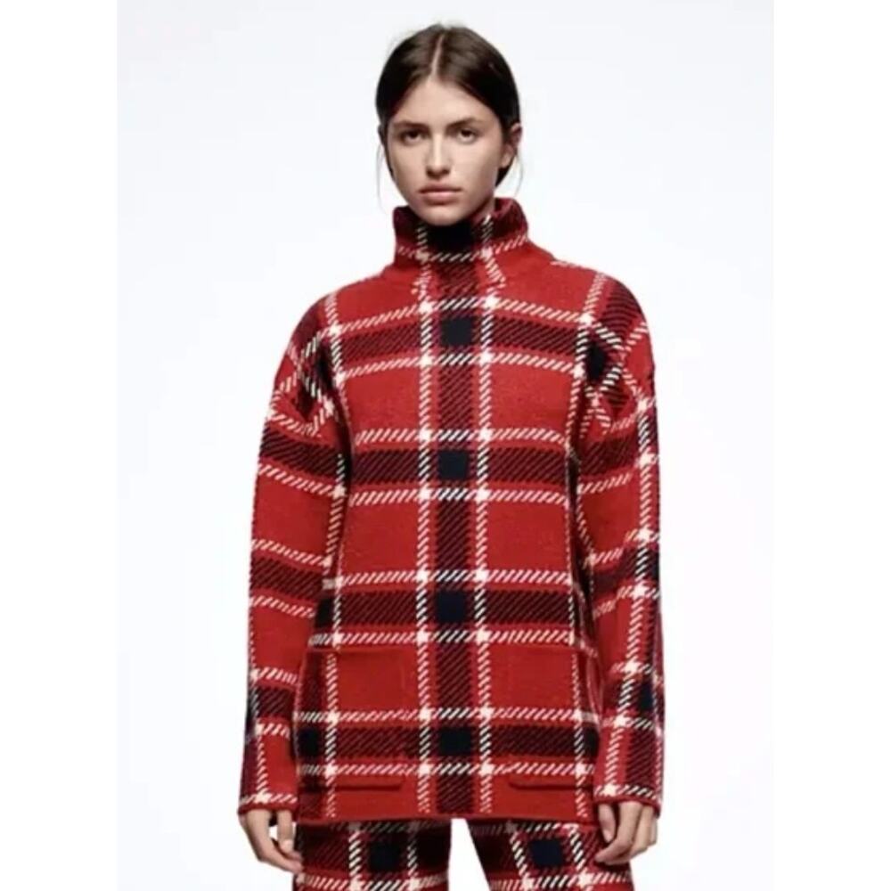 ZARA red black plaid sweater funnel neck with front pockets. Small